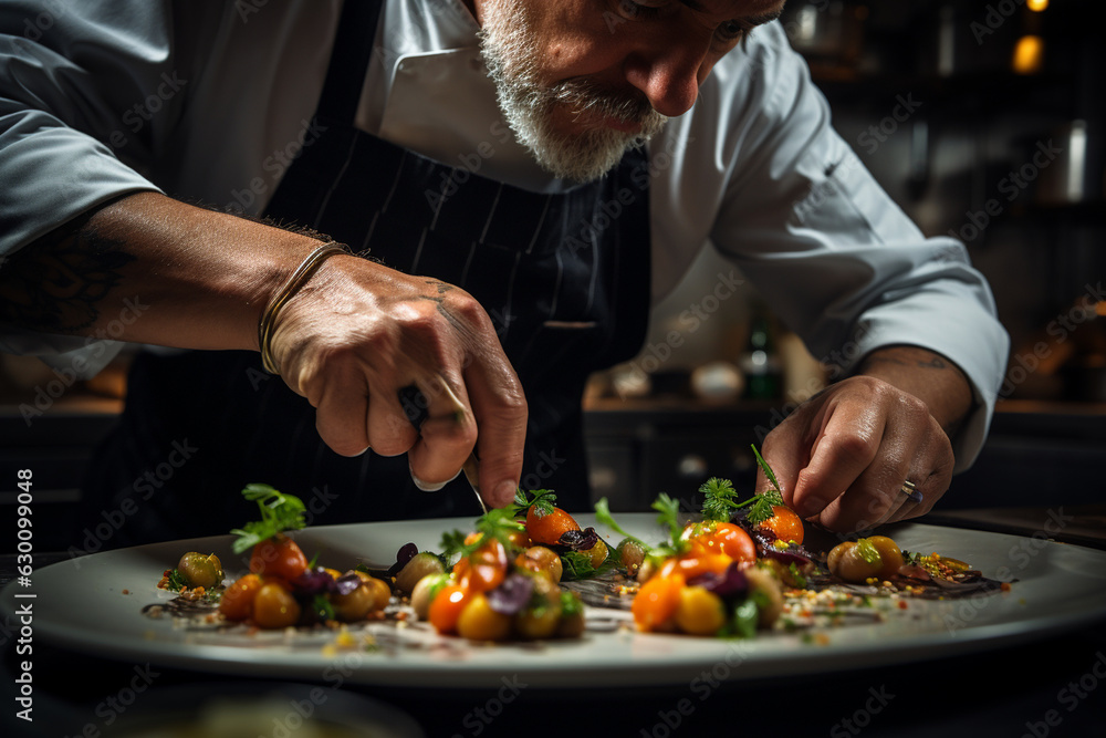 a chef's hands skillfully using a fork during food preparation, capturing the artistry of cooking Generative AI