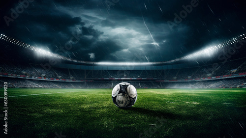 Fotografia dramatic shot of a soccer field with green grass, soccer ball lying on the field