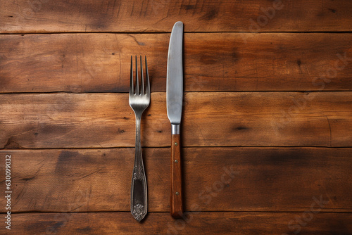 A beautifully composed a fork and knife placed neatly on a rustic wooden table, ready for a delicious meal Generative AI