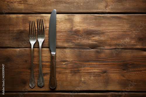 A beautifully composed a fork and knife placed neatly on a rustic wooden table, ready for a delicious meal Generative AI