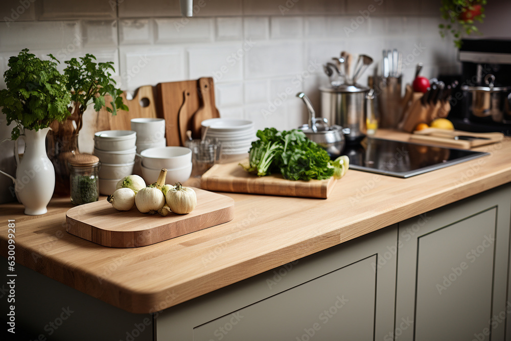 a wooden chopping board placed in a well-organized and cozy kitchen setting Generative AI a wooden chopping board placed in a well-organized and cozy kitchen setting Generative AI