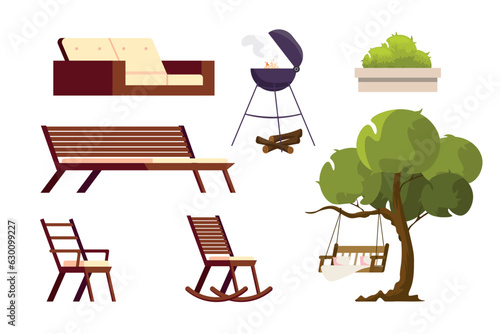 Vector illustration of leisure items in cartoon style. A sofa, a bench, an armchair and a rocking chair, a flower bed, a brazier and a swing hanging on a tree. Relaxed pastime.