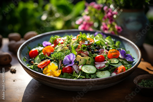 a colorful and fresh summer salad in a bowl, filled with an assortment of crisp vegetables and leafy greens Generative AI © forenna