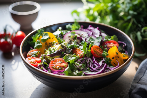 a colorful and fresh summer salad in a bowl, filled with an assortment of crisp vegetables and leafy greens Generative AI
