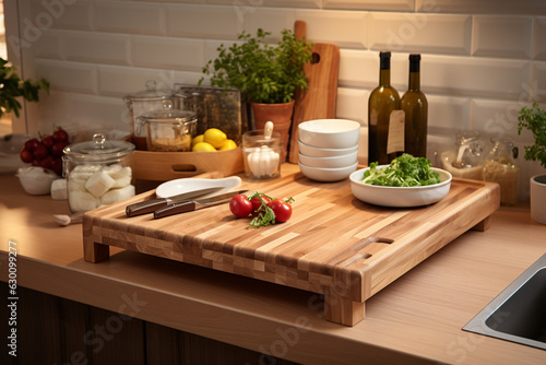 a wooden chopping board placed in a well-organized and cozy kitchen setting Generative AI © forenna