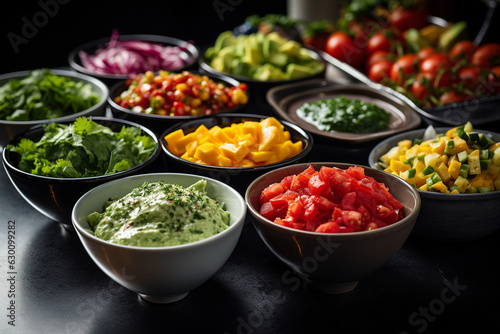 a salad bar with a variety of toppings and dressings, allowing guests to create their perfect salad bowl Generative AI