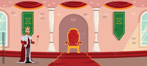 Vector illustration of a royal room in cartoon style. The king goes to his throne through a magnificent castle. Royal possessions.