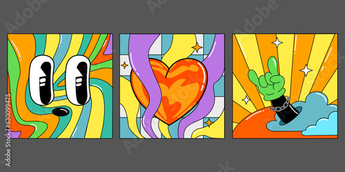Set of psychedelic groovy style posters with heart, eyes and hand.  Bright groovy posters 70s, vintage prints. Bright hippie characters and retro elements.