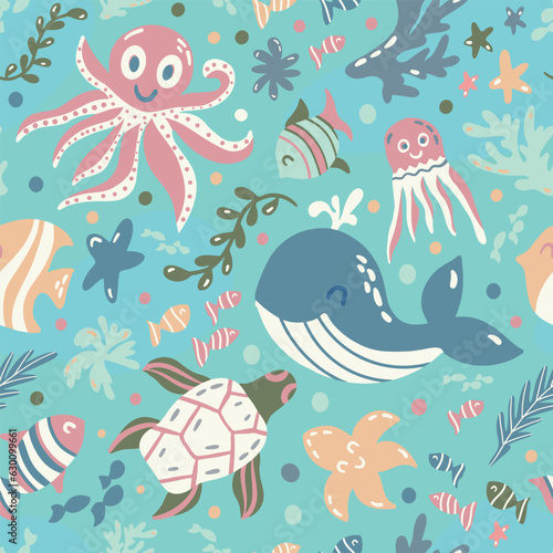 Cute underwater world with whale, turtle, octopus, algae and fish. Childish seamless vector pattern in flat style with blue-green colors. Print with wild ocean life. Design for fabric, wallpaper