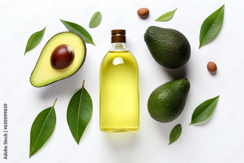 Essential oil fresh cut avocado and leaves on white. Essential oil fresh cut avocado and leaves on white.