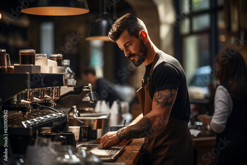 a barista in the midst of preparing a coffee beverage  showcasing the skill and precision involved in the process Generative AI