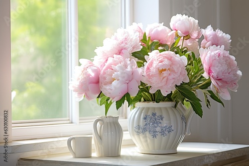 Peonies arranged in a white vase placed on a white wall  creating a stylish element within the interior of a home. They enhance the houses decor with their vibrant blooms  serving as a charming touch