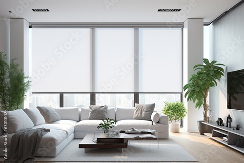 Photo Interior roller blinds are installed in the living room, featuring white colored roller shades on the windows