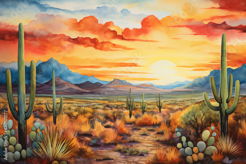 Sunset over a watercolor desert 