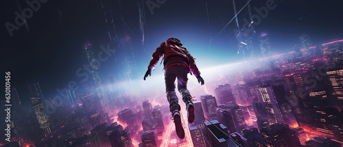 Photographie BASE jumper leaping from an urban skyscraper at night, neon - lit cityscape, cyb
