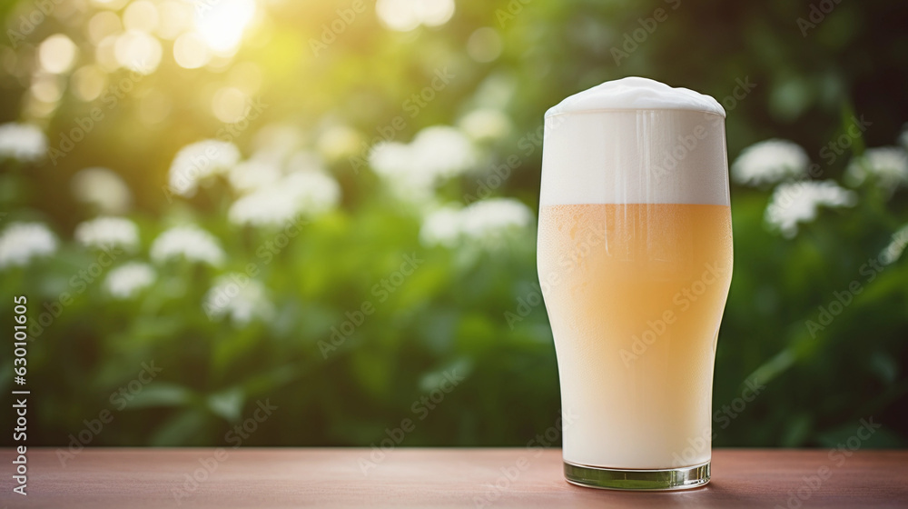 a pint of homemade beer, creamy foam, abstract beer garden background, warm summer evening atmosphere a pint of homemade beer, creamy foam, abstract beer garden background, warm summer evening atmosphere