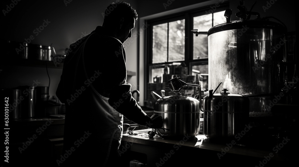 Enigmatic silhouette of a homebrewer at work, backlit with strong contrast, black and white Enigmatic silhouette of a homebrewer at work, backlit with strong contrast, black and white