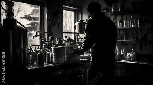 Enigmatic silhouette of a homebrewer at work  backlit with strong contrast  black and white