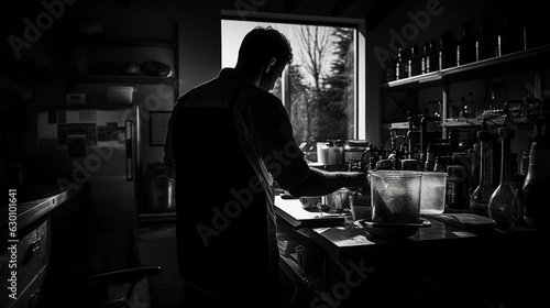 Enigmatic silhouette of a homebrewer at work, backlit with strong contrast, black and white