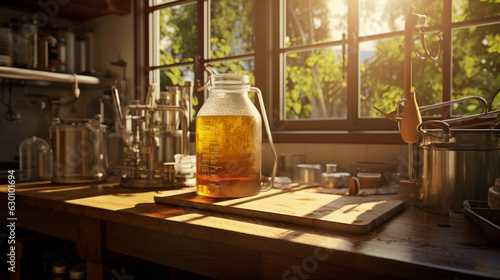 Obraz na plátně a homebrew setup in a rustic kitchen, amber liquid in a glass carboy, sunlight