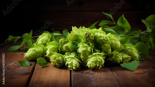 cascade of fresh hops ready for homebrewing, sunlit against a rustic wooden background