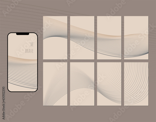 A set of beige background with brown and gray wavy lines.  Trendy set of minimalistic covers. Minimal wall art.