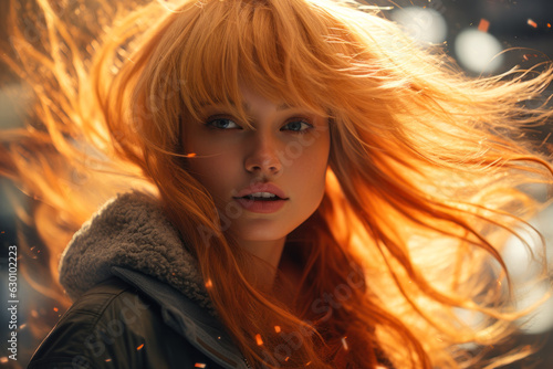beautiful girl with fiery orange hair generative ai