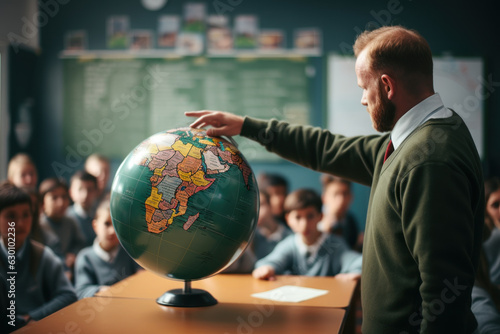 Fotografie, Obraz geography teacher teaches a lesson to children. generative ai