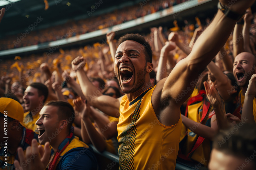 football fans in the stands in yellow t-shirts generative ai