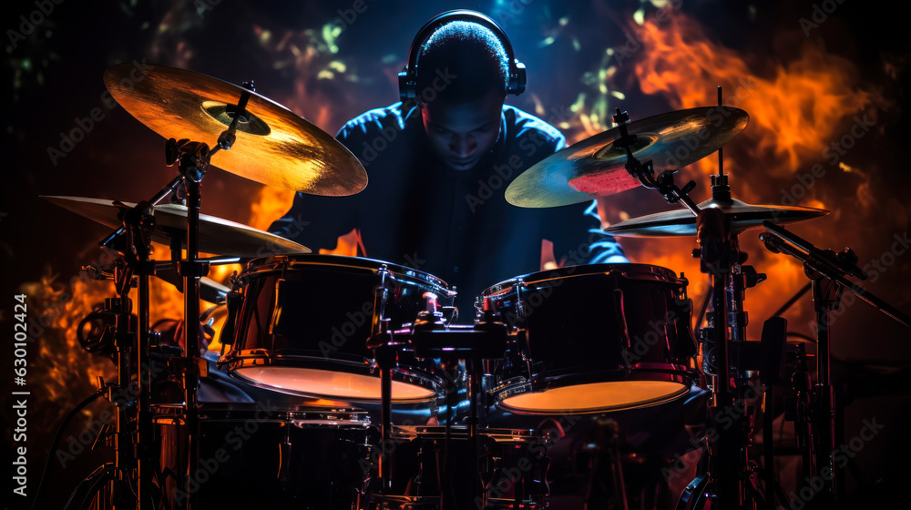 rock drummer on fire background generative ai rock drummer on fire background generative ai