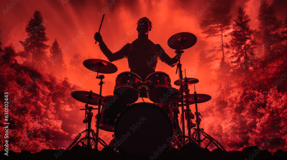 Naklejka premium epic silhouette rock drummer on drums in a dark red background generative ai