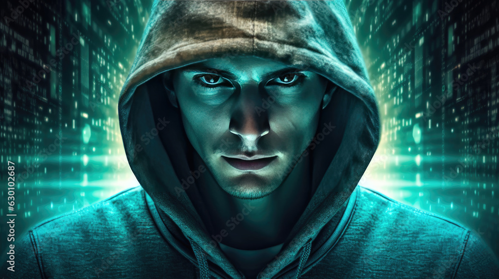 A photo showcases a hacker in a hoodie attempting to breach a digital barrier
