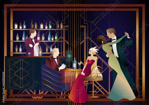 People are having fun, sitting and drinking, couples are dancing. Bartender at the bar. Art Deco
