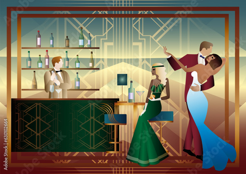 People are having fun, sitting and drinking, couples are dancing. Bartender at the bar. Art Deco