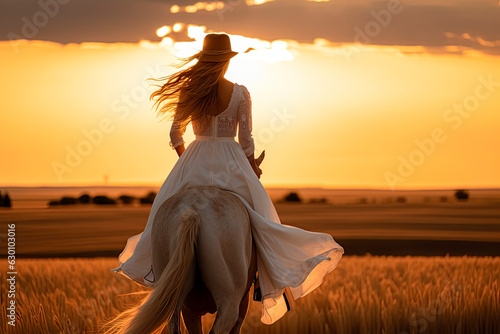 a girl with long hair in a white dress sits on a horse against the backdrop of sunset