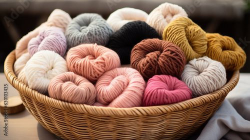 A close-up shot of a basket filled with various skeins of soft, luxurious yarn 