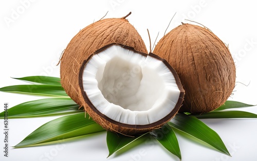 Delicious coconuts with leaves, isolated on white background