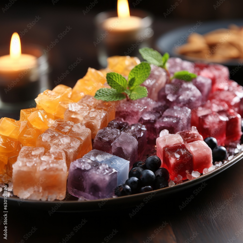 Plate of sweets on a wooden table with candles in the background. Colorful Oriental sweets and fruits in close-up. Delicious delicacies in a dark ceramic plate. Plate of sweets on a wooden table with candles in the background. Colorful Oriental sweets and fruits in close-up. Delicious delicacies in a dark ceramic plate.