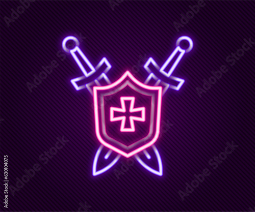 Glowing neon line Medieval shield with crossed swords icon isolated on black background. Colorful outline concept. Vector