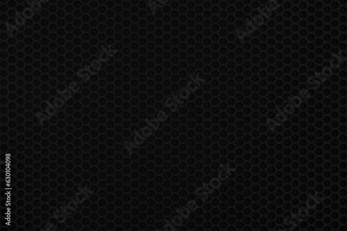 Empty black perforated metal grid with circular holes for abstract horizontal seamless, Metallic rounded mesh plate background and steel texture. beautiful patterns, space for work, modern wallpaper.