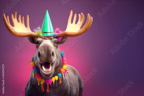 Creative animal concept. Moose in party cone hat necklace bowtie outfit isolated on solid pastel background advertisement, copy text space. birthday party invite invitation photo