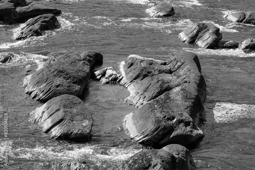 Rocky Rapids in a Wide River in Black and White
