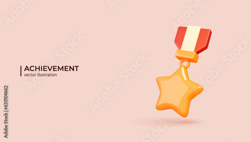 3D Vector Gold Medal or Winner Golden Badge. Realistic creative conceptual symbol of Premium Quality Guarantee label. Mobile Template Social network. Vector illustration
