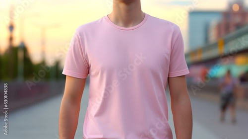 Young Model Shirt Mockup, Boy wearing pink t-shirt on street in daylight, Shirt Mockup Template on hipster adult for design print, Male guy wearing casual t-shirt mockup placement, generative ai