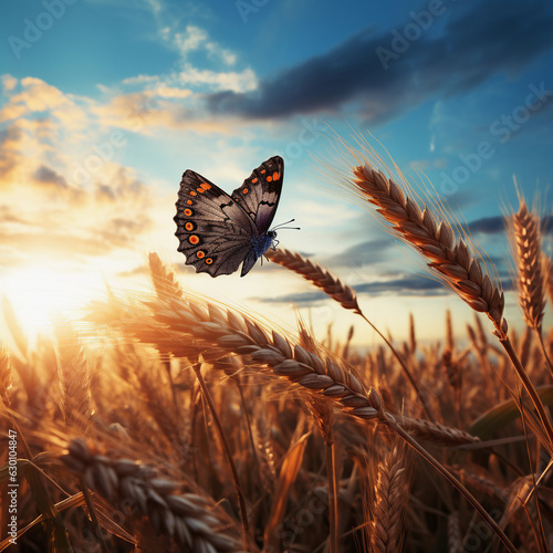 Butterfly Touching Down on Wheat Grain in Farm Field at Sunset