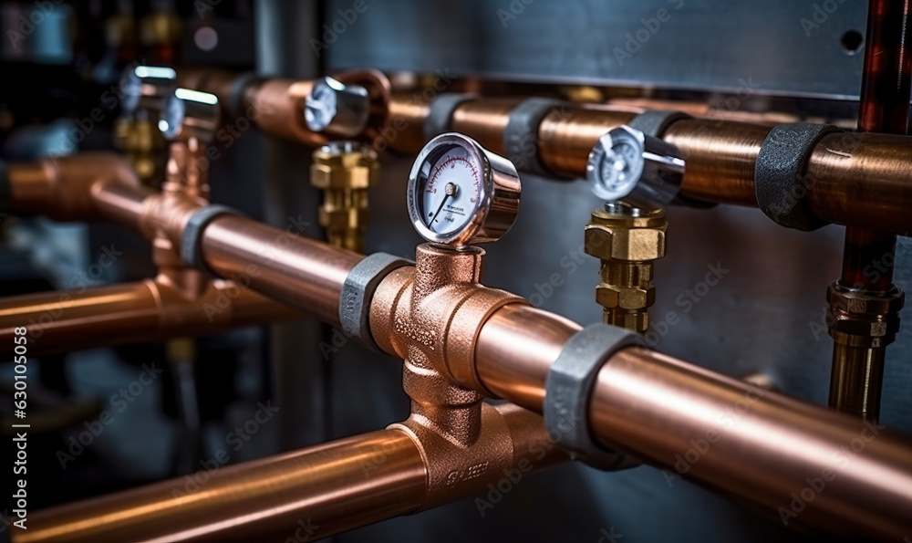 Plumbing service. copper pipeline of a heating system in boiler room. Plumbing, fixing pipes and fittings for connection of water or gas systems