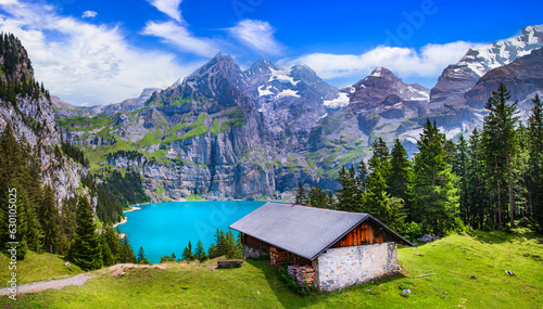 Fototapeta Naklejka Na Ścianę i Meble -  Idyllic swiss mountain lake Oeschinensee (Oeschinen) with turquise water and snowy peaks of Alps mountains near Kandersteg village. Switzerland nature and travel