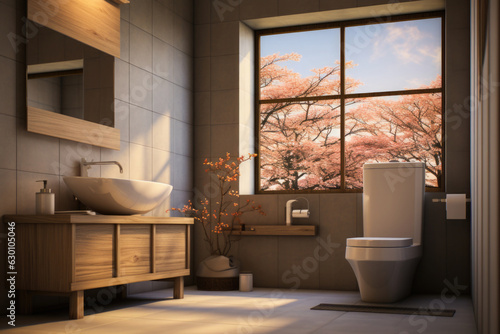 Stylish restroom interior with toilet bowl. Bathroom with morning sunlight in window.