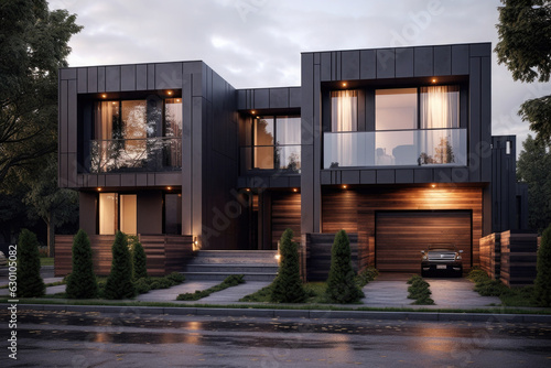 Townhouses facade with illuminated windows in dusk. Modern residential houses in luxury neighborhood