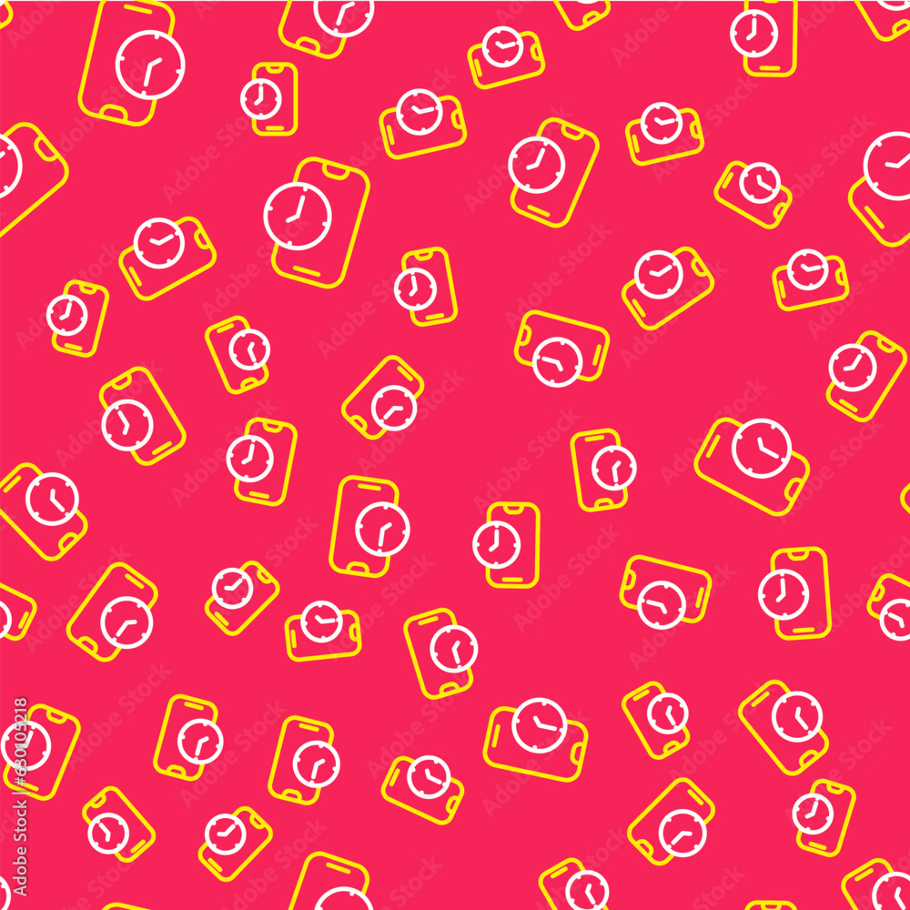 Line Alarm clock app smartphone interface icon isolated seamless pattern on red background. Vector Line Alarm clock app smartphone interface icon isolated seamless pattern on red background. Vector